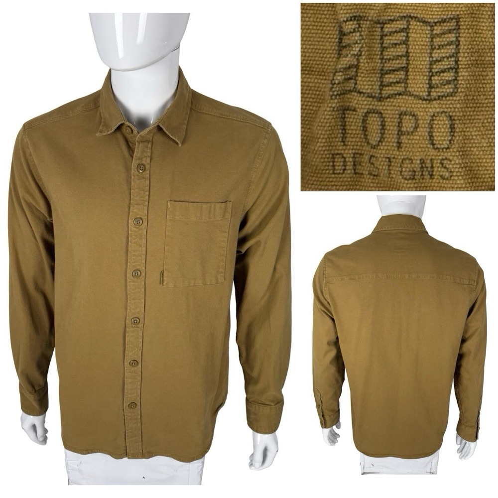 Topo Designs Men Large Shirt Green Brown Organic Cotton Canvas Button Down Faded